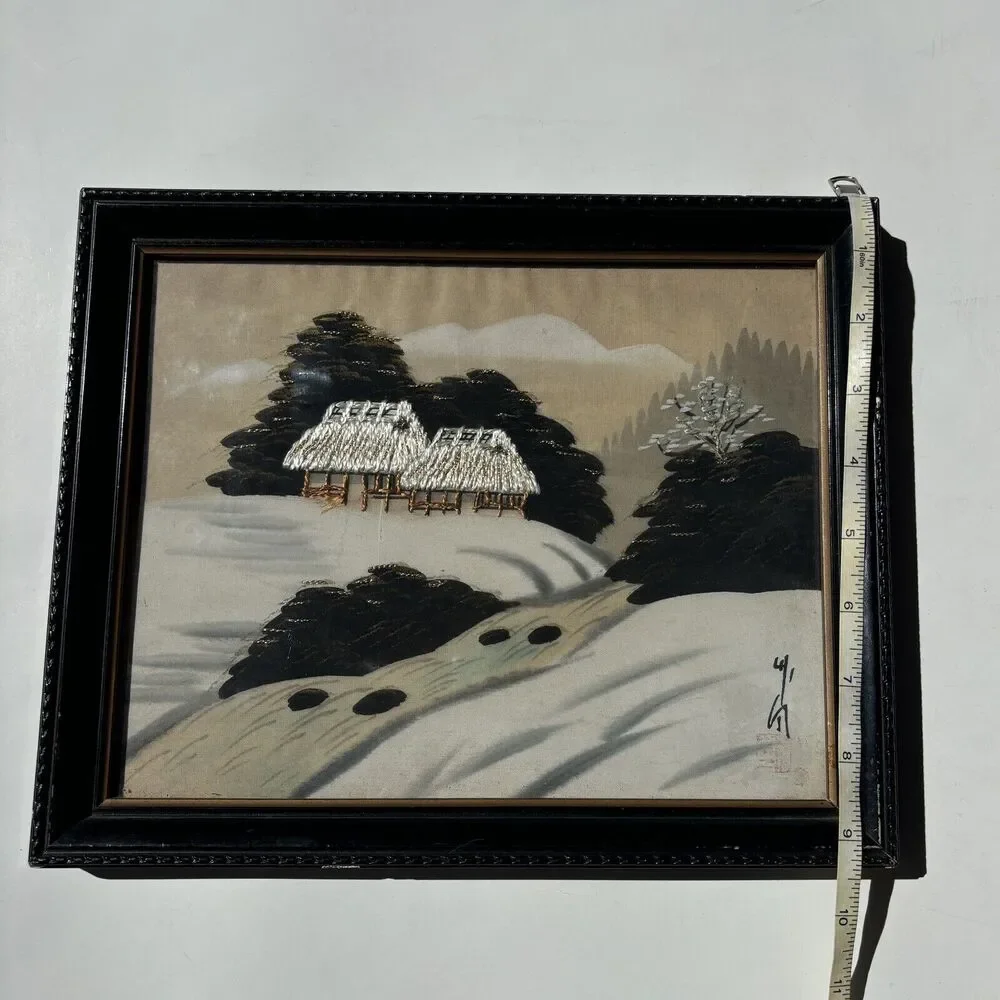 Vintage Japanese Silk Embroidered Winter Landscape 11.5 X 9.5 inches